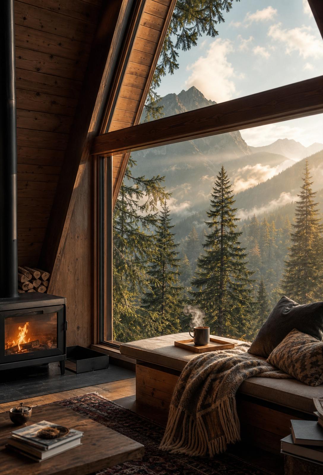 A cozy A-frame cabin with a wood stove and mountain forest views