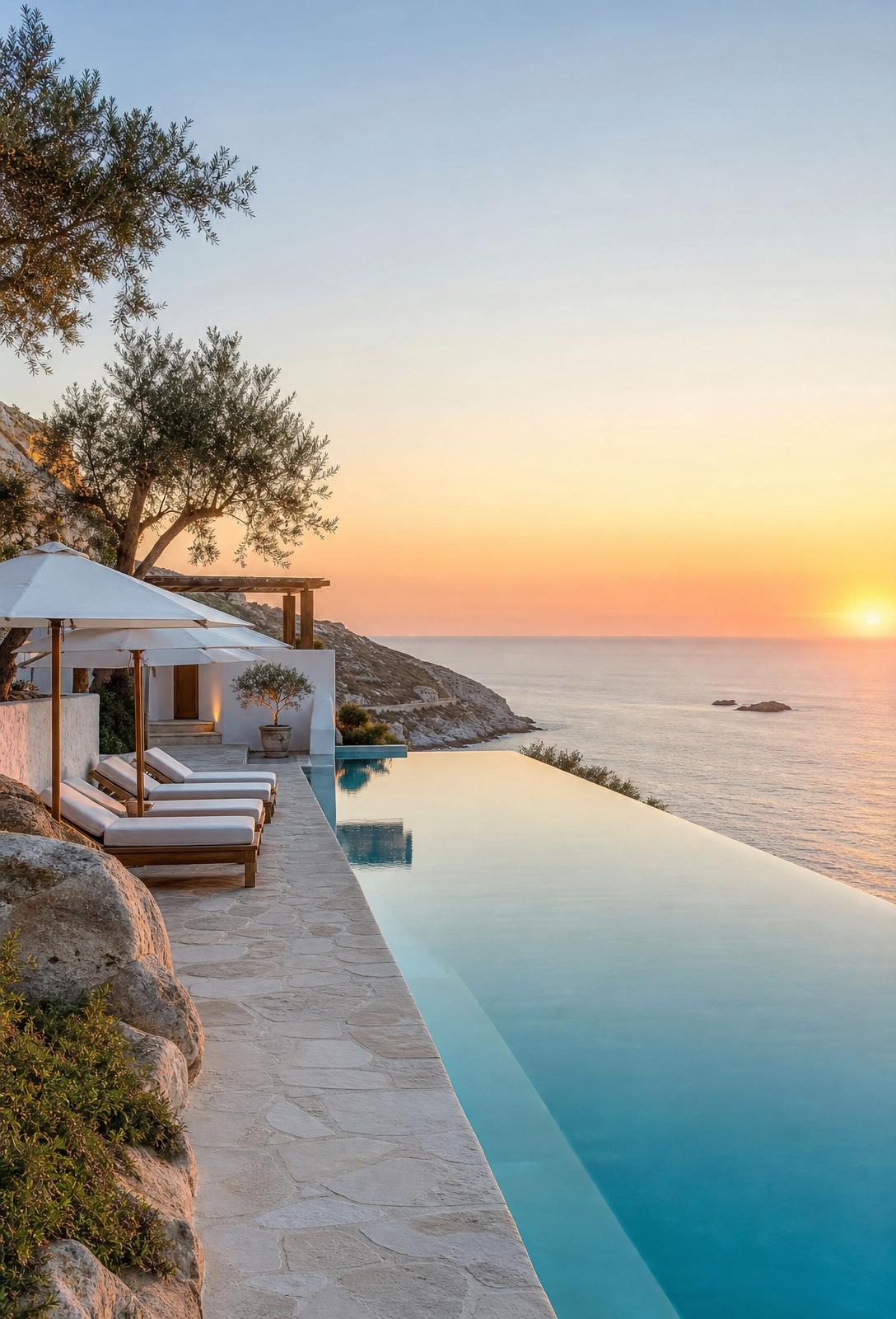 A sleek infinity pool overlooking the sea at sunset